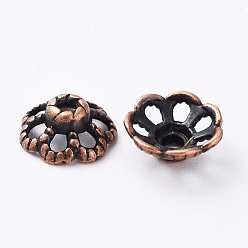 Red Copper Tibetan Style Bead Caps, Zinc Alloy, Lead Free, Cadmium Free and Nickel Free, Flower, Red Copper Color, 9mm in diameter, 4mm thick, hole: 1mm