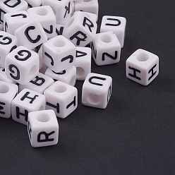 Blanc Perles de lettre de trou horizontal acrylique, mélange de lettres de A à Z, cube, blanc, 8x8x8mm, Trou: 4mm