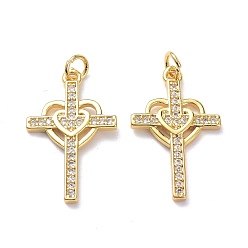 Real 18K Gold Plated Brass Micro Pave Clear Cubic Zirconia Pendants, with Jump Ring, Long-Lasting Plated, Cross with Heart, Real 18K Gold Plated, 25.5x16x2mm, Jump Rings: 5x1mm, 3mm Inner Diameter