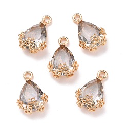 Cristal Colgantes de diamantes de imitación, con engastes de aleación de oro claro, lágrima con flor, cristal, 20x12.5x6 mm, agujero: 1.8 mm