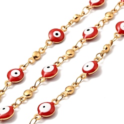 FireBrick Enamel Flat Round with Evil Eye Link Chains, with Gold Plated 304 Stainless Steel Findings, Unwelded, with Spool, FireBrick, 11x6x3mm, 8x3x2mm