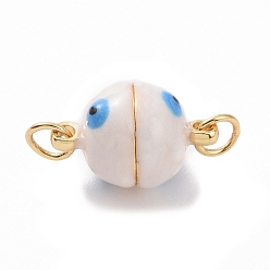 Floral White Brass Magnetic Clasps, with Enamel, Round with Evil Eye, Real 18K Gold Plated, Floral White, 16x10mm, Hole: 3mm