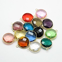 Mixed Color Golden Tone Brass Glass Pendants, Flat Round, Mixed Color, 14x11x5mm, Hole: 2mm