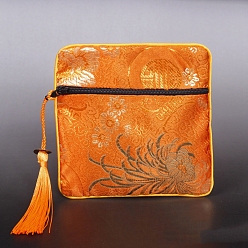 Orange Sacs carrés à pompons en tissu de style chinois, avec fermeture à glissière, Pour bracelet, Collier, orange, 11.5x11.5 cm