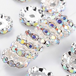 Clear AB Grade A Brass Rhinestone Spacer Beads, Basketball Wives Spacer Beads for Jewelry Making, AB Color, Rondelle, Nickel Free, Clear AB, Silver Color Plated, about 12mm in diameter, 4mm thick, hole: 2.5mm