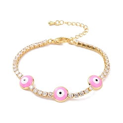 Pink Bracelet à maillons en émail mauvais œil avec chaînes de tennis en zircone cubique transparente pour femme, sans cadmium et sans plomb, rose, 7x1/8 pouce (17.9 cm)