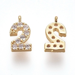 Number Brass Micro Pave Clear Cubic Zirconia Charms, Number, Golden, Num.2, 9.5~10x4~6.5x2mm, Hole: 0.8mm