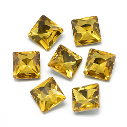 Gold Pointed Back Glass Rhinestone Cabochons, Back Plated, Faceted, Square, Gold, 8x8x3.5mm