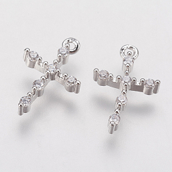 Platinum Brass Micro Pave Cubic Zirconia Tiny Cross Charms, Platinum, 13.5x9x2.5mm, Hole: 1mm