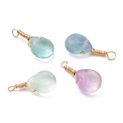 Mixed Color Natural Fluorite Pendants, with Golden Copper Wire Findings, Teardrop, Mixed Color, 20~20.5x9x7mm, Hole: 2mm