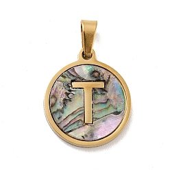 Letter T Vacuum Plating 304 Stainless Steel with Paua Shell Pendants, Golden, Flat Round with Letter Charm, Letter.T, 18x16x1.5mm, Hole: 3x6mm