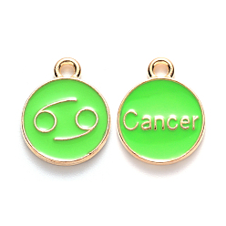 Cancer Alloy Enamel Pendants, Cadmium Free & Lead Free, Flat Round with Constellation, Light Gold, Pale Green, Cancer, 22x18x2mm, Hole: 1.5mm