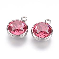Rosa Caliente K 9 colgantes de diamantes de imitación de cristal, encantos de piedra de nacimiento de octubre, con 304 fornituras de acero inoxidable, plano y redondo, color de rosa caliente, 18x14x9 mm, agujero: 2.5 mm