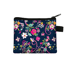 Prussian Blue Flower Pattern Cartoon Style Polyester Clutch Bags, Change Purse with Zipper & Key Ring, for Women, Rectangle, Prussian Blue, 13.5x11cm