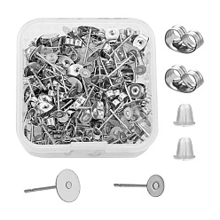 Stainless Steel Color DIY Earring Making Kits, 100Pcs Stainless Steel Flat Round Blank Peg Stud Earring Findings, 200Pcs Stainless Steel & Plastic Ear Nuts, Stainless Steel Color, Findings: 400pcs/box