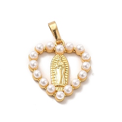 Real 18K Gold Plated Plastic Imitation Pearl Pendants, with Rack Plating Brass Findings, Long-Lasting Plated, Heart with Saint Charm, Real 18K Gold Plated, 25x18.5x4mm, Hole: 6x3mm