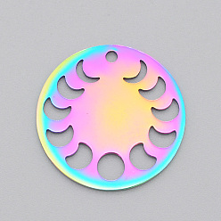 Rainbow Color Ion Plating(IP) 201 Stainless Steel Pendants, Laser Cut, Phase of the Moon, Rainbow Color, 23x1mm, Hole: 1.8mm