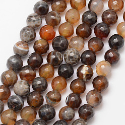 Coconut Brown Natural Fire Crackle Agate Bead Strands, Round, Grade A, Faceted, Dyed & Heated, Coconut Brown, 8mm, Hole: 1mm, about 47pcs/strand, 15 inch