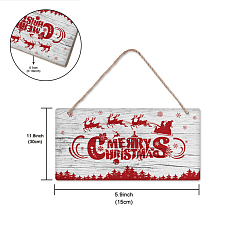 Red Christmas Theme Natural Wood Hanging Wall Decorations, with Jute Twine, Rectangle with Word Merry Christmas, Red, 15x30x0.5cm