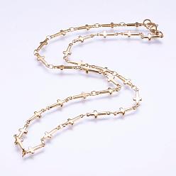 Golden 304 Stainless Steel Chain Necklaces, with Lobster Claw Clasps, Ion Plating (IP), Cross, Golden, 17.9 inch(45.5cm)