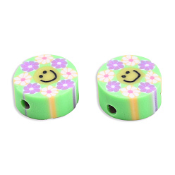 Pale Green Handmade Polymer Clay Beads, Flat Round with Smiling Face & Flower, Pale Green, 8.5~10x4.5mm, Hole: 1.5mm
