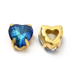 Bermuda Blue Heart Shaped Sew on Rhinestone, Glass Rhinestone, Garments Accessories, Multi-Strand Links, with Golden Tone Brass Findings, Bermuda Blue, 8.5x8x6mm, Hole: 0.8~1mm