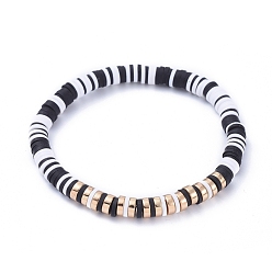 Black Handmade Polymer Clay Heishi Beads Stretch Bracelets, with Non-magnetic Synthetic Hematite Beads, Black, Inner Diameter: 2-1/8 inch(5.5cm)