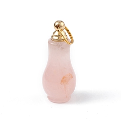 Rose Quartz Natural Rose Quartz Openable Perfume Bottle Pendants, Faceted Gourd Charm, with Golden Tone Brass Findings, 41.5x18mm, Hole: 10.5mm