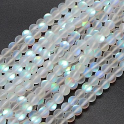 White Synthetic Moonstone Beads Strands, Holographic Beads, Half AB Color Plated, Frosted, Round, White, 8mm, Hole: 1mm, about 46pcs/strand, 15 inch