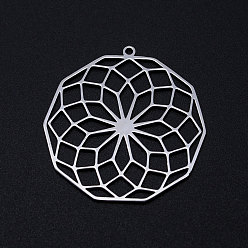 Stainless Steel Color 201 Stainless Steel Filigree Charms, polygon with Flower, Stainless Steel Color, 35.5x34.5x1mm, Hole: 1.6mm