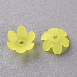 Yellow Frosted Acrylic Bead Caps, 6-Petal, Flower, Yellow, 14x6mm, Hole: 2mm, about 1660pcs/500g
