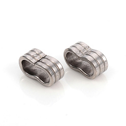 Stainless Steel Color 201 Stainless Steel Slide Charms/Slider Beads, For Leather Cord Bracelets Making, Peanut Shape with Line Pattern, Stainless Steel Color, 12x6.5x4.8mm, Hole: 9x4mm
