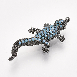 Bronze Connecteurs en laiton micro pavé de liens en zircone, gecko, bleu ciel, gris anthracite, 31.5x14x4.5mm, Trou: 1.2mm