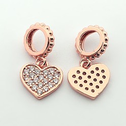 Real Rose Gold Plated Brass Micro Pave Cubic Zirconia Large Hole European Dangle Heart Charms, Cadmium Free & Nickel Free & Lead Free, Real Rose Gold Plated, 17mm, Hole: 4mm, Heart: 10x9x1.5mm