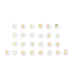 Letter A~Z Plating Acrylic Beads, Golden Metal Enlaced, Horizontal Hole, Flat Round with Alphabet, White, Letter A~Z, 7x3.5mm, Hole: 1.2mm, 26letters, about 100pcs/letter, 2600pcs/set