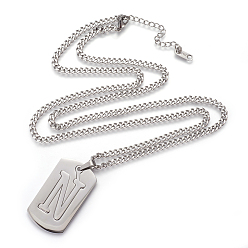 Letter N 304 Stainless Steel Split Initial Pendant Necklaces, with Lobster Claw Clasps and Curb Chains, Rectangle with Letter, Letter.N, 27.55 inch(70cm), Pendant: 41x23x2mm