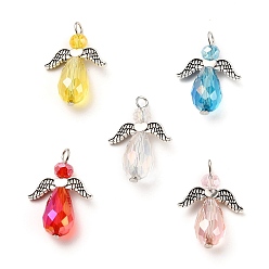 Mixed Color Electroplate Glass Pendants, with Wing Alloy Beads and Iron Findings, Angel, Antique Silver & Platinum, Mixed Color, 27~29x20x9~10mm, Hole: 2.5mm