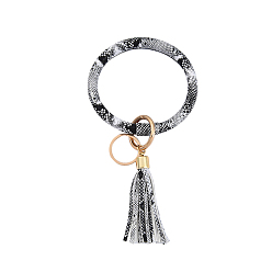 White Snakeskin Pattern PU Imitaition Leather Bangle Keychains, Wristlet Keychain with Tassel & Alloy Ring, White, 200x100mm