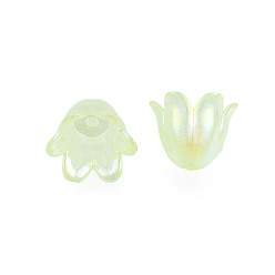 Lawn Green 6-Petal Imitation Jelly Acrylic Bead Caps, AB Color Plated, Flower, Lawn Green, 11.5x10.5x8.5mm, Hole: 1.4mm, about 2100pcs/500g