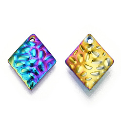 Rainbow Color Ion Plating(IP) 304 Stainless Steel Pendants, Textured, Rhombus Charm, Rainbow Color, 19x15x2.5mm, Hole: 1.2mm