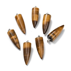 Tiger Eye Natural Tiger Eye Pendants, with Platinum Brass Findings, Bullet, 32~35x10~11mm, Hole: 7X3mm