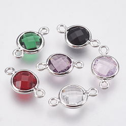 Mixed Color Glass Links connectors, with Brass Findings, Faceted Flat Round, Nickel Free, Real Platinum Plated, Mixed Color, 12x7x3mm, Hole: 1.2mm
