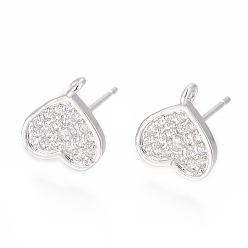 Platinum Brass Stud Earring Findings, with Cubic Zirconia and Loop, Heart, Clear, Platinum, 10x9mm, Hole: 1.2mm, Pin: 0.8mm