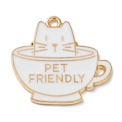 White Alloy Enamel Pendants, Light Gold, Cup with Cat & Word Pet Friendly, White, 25x26.5x1.5mm, Hole: 1.8mm