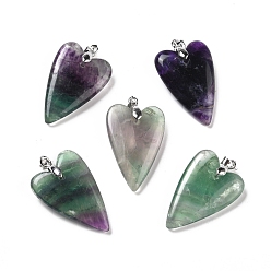 Fluorite Natural Fluorite Pendants, with Rack Plating Platinum Plated Brass Findings, Long-Lasting Plated, Heart, 32~34x20x8mm, Hole: 4x4mm