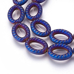 Blue Plated Electroplated Non-magnetic Synthetic Hematite Beads Strands, Frosted, Oval, Blue Plated, 16x12x4mm, Hole: 1mm, about 25pcs/strand, 15.74 inch(40cm)