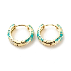 Turquoise Flower Enamel Hoop Earrings, Gold Plated Brass Hinged Earrings for Women, Turquoise, 20x22x5mm, Pin: 0.9mm