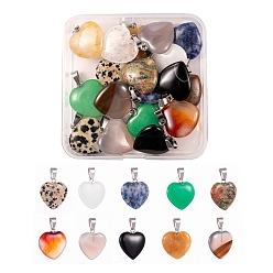 Mixed Stone 20Pcs 10 Style Heart Natural Gemstone Pendants, with Platinum Tone Brass Findings, 20~22x20~21x5~8mm, Hole: 2x7mm, 2pcs/style