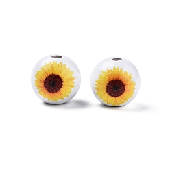 Flower Bees Theme Printed Wooden Beads, Round, Gold, Sunflower Pattern, 15.5~16x15mm, Hole: 3.5mm