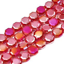 Roja Electroplate opacas de color sólido de cuentas de vidrio de filamentos, color de ab chapado, medio chapado, facetados, octágono, rojo, 7~8x7~8x4 mm, agujero: 1.2 mm, sobre 72 unidades / cadena, 20.47 pulgada (52 cm)